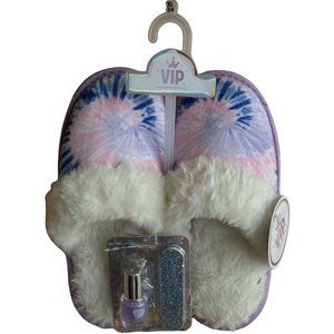 🐶Girl’s Slippers XL 3/4 VIP Slippers Tie Dye Lilac Faux Fur with nail polish